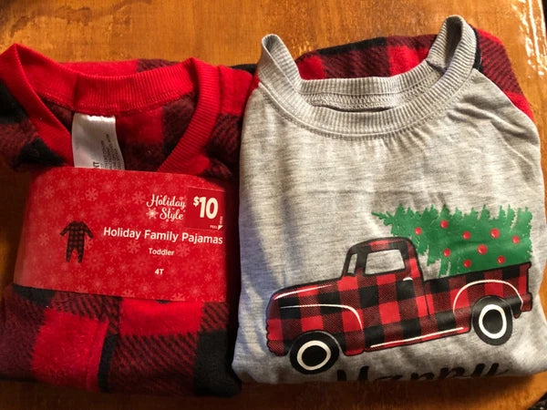 Holiday style red plaid truck family pajamas set