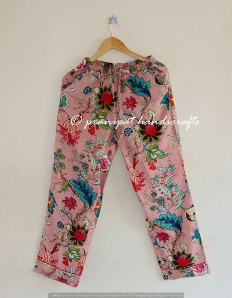 Indian Rose Printed Cotton Baby Pink Women Hippie Gypsy Top-Pajama set Sleepwear