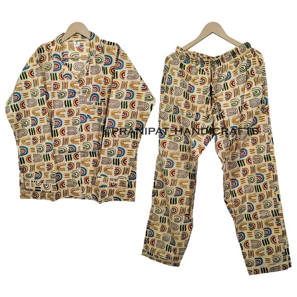 Women Abstract Summer Beige Hippie Sleepwear Cotton Ethnic Night wear Pajama set