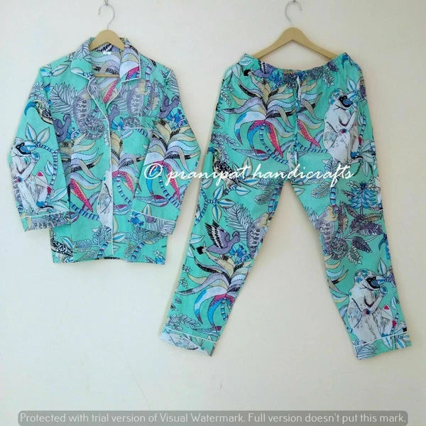 Indian Monkey Print Cotton Aquamarine Green Women Gypsy Top-Pajama set Sleepwear