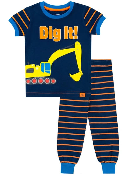 Yellow Digger Pyjamas Kids Boys 18 24 Months 2 3 4 5 6 Years PJs Stripes Blue