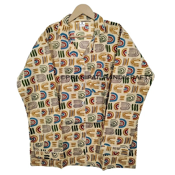 Women Abstract Summer Beige Hippie Sleepwear Cotton Ethnic Night wear Pajama set