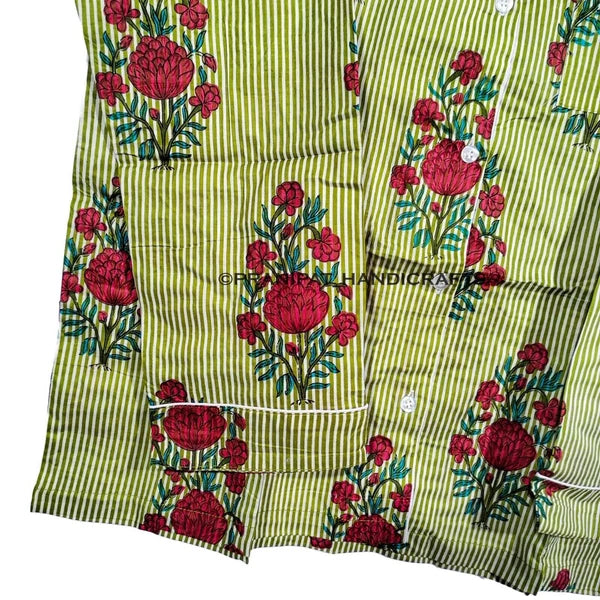 Women Floral Stripe Summer Green Sleepwear Hippie Cotton Night wear Pajama set