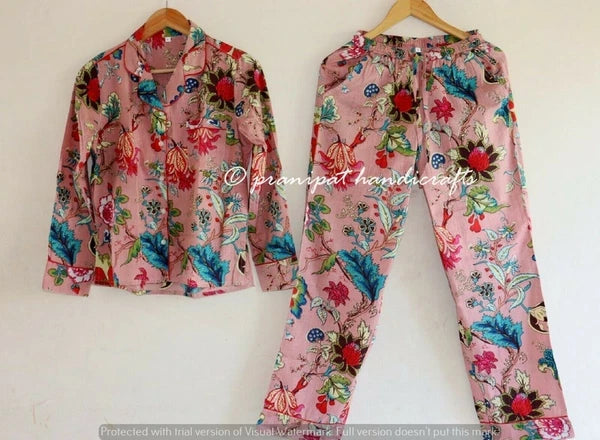 Indian Rose Printed Cotton Baby Pink Women Hippie Gypsy Top-Pajama set Sleepwear